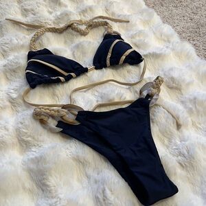SHEIN Dark Blue and Beige Braided Bikini